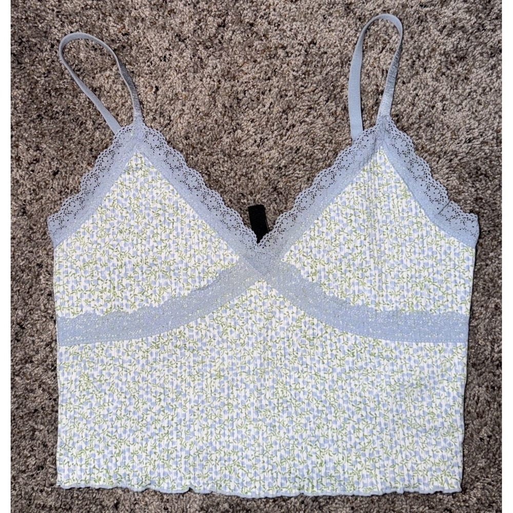 Y2K‎ Inspired Ribbed Floral Lace Trim Crop Cami Tank Blue/Green Ditsy Print S